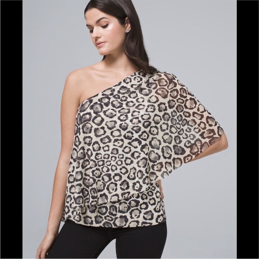 WHITE HOUSE BLACK Cheetah One Shoulder Blouse L